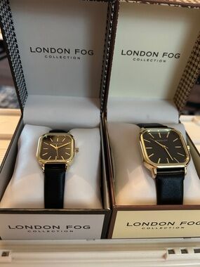 London Fog Black Dial Gold-Tone Square Case Watch with Black Leather Strap